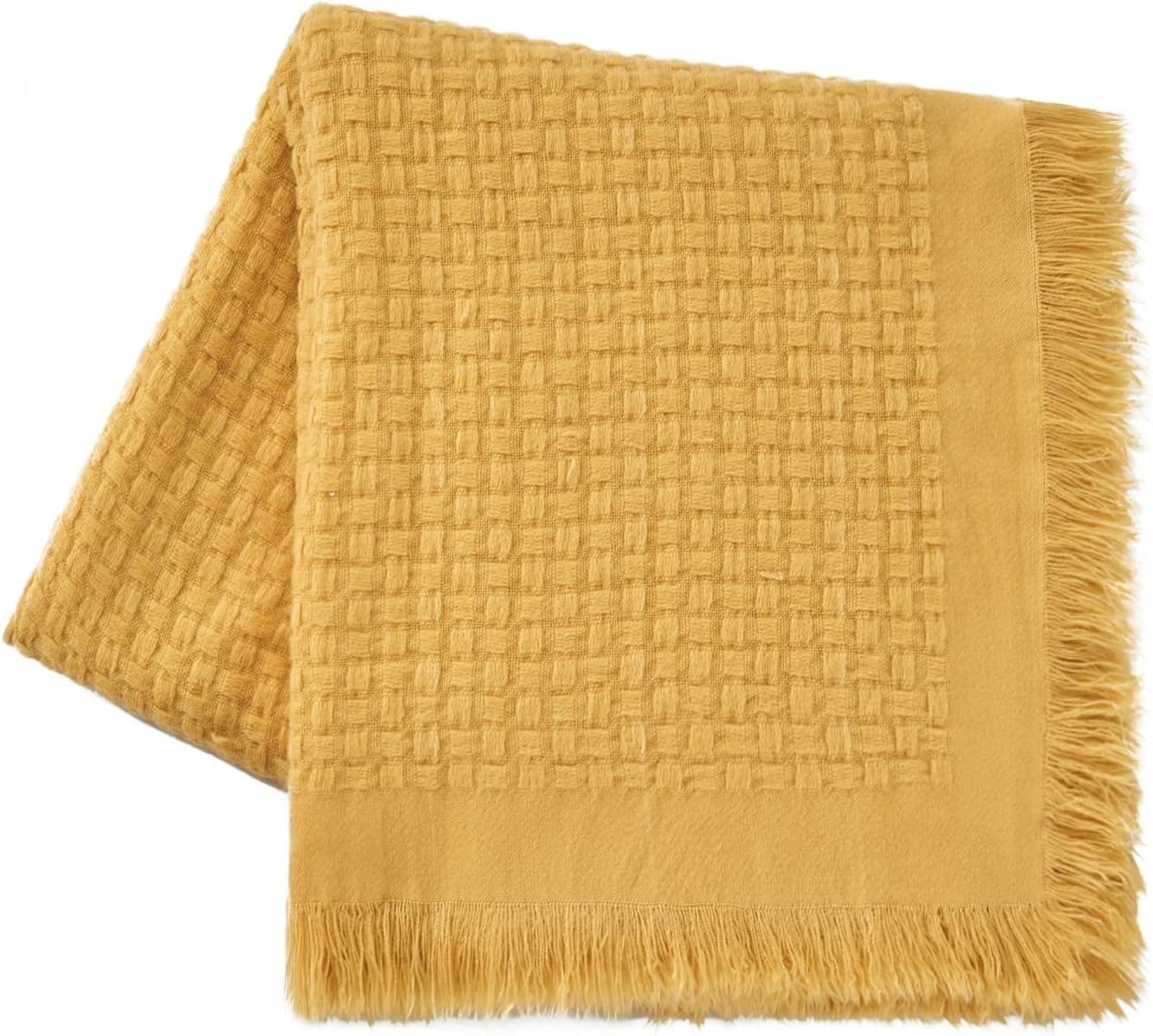 CozeCube Boho Throw Blanket for Couch, Spring Throw Blanket, Basket Weave Waffle Throw Blanket, Farmhouse Lightweight Throw Blanket with Fringe, Rattan Yellow, 50'' x 60''