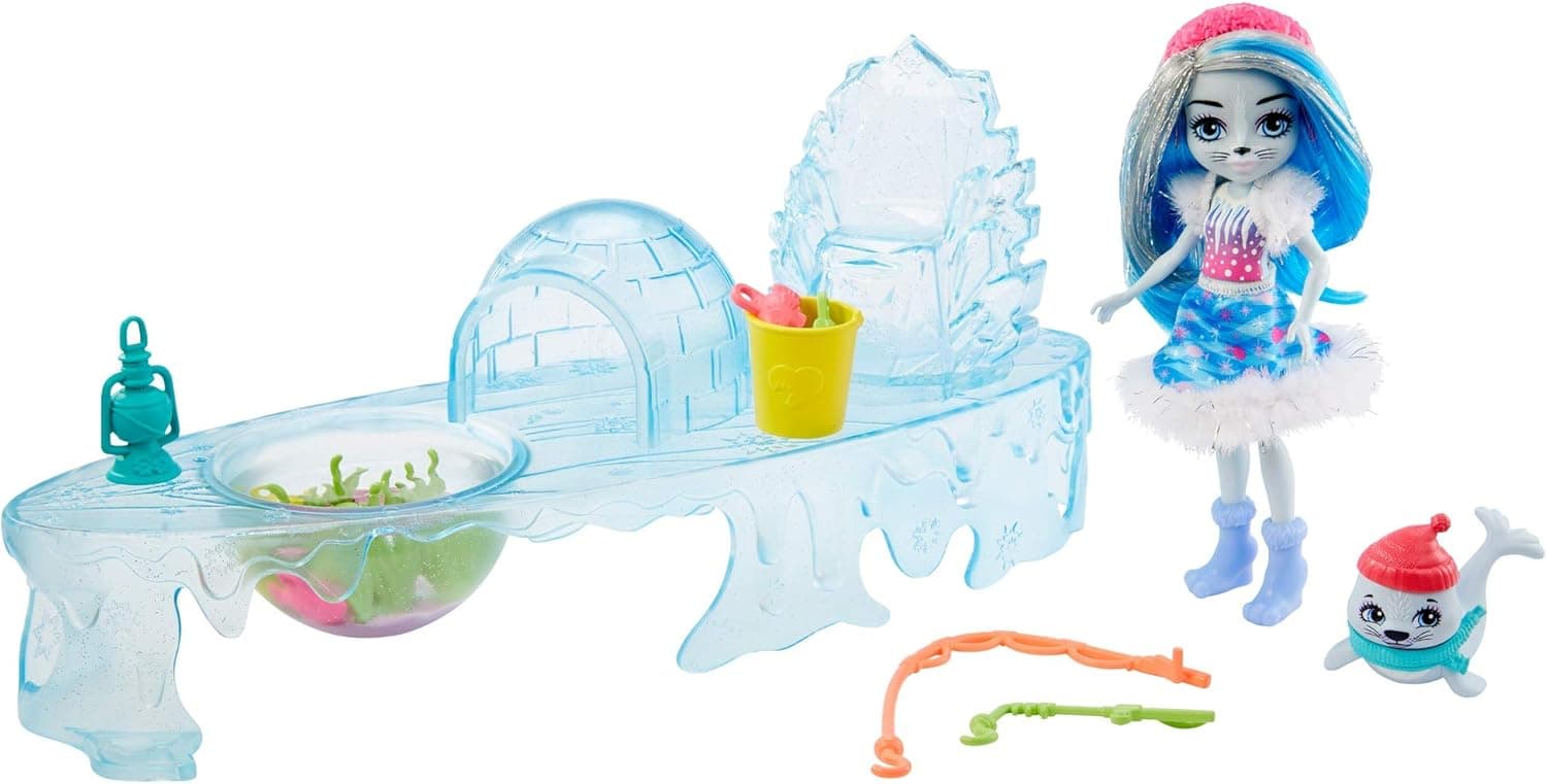 Mattel Enchantimals Fishing Friends Ice Fishing Playset with Sashay Seal Small Doll (6-in) & Blubber Animal Figure, Add Water and Use Poles to Catch Fish, Great Gift for 3-8 Year Olds