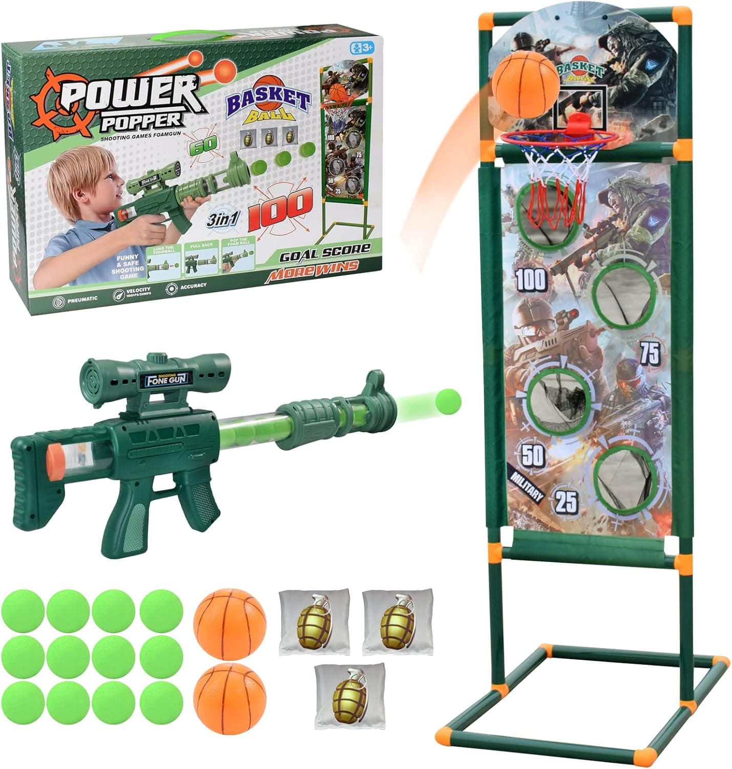 YYDeek Shooting Games for Kids 8-12, Air Powered Toy Guns for Boys, Includes 1 Toy Gun, 2 Basketballs, 3 Bean Bags, 12 Foam Balls, Indoor and Outdoor Games, Gift Toys for 5 6 7 8 Year Old Boys Girls