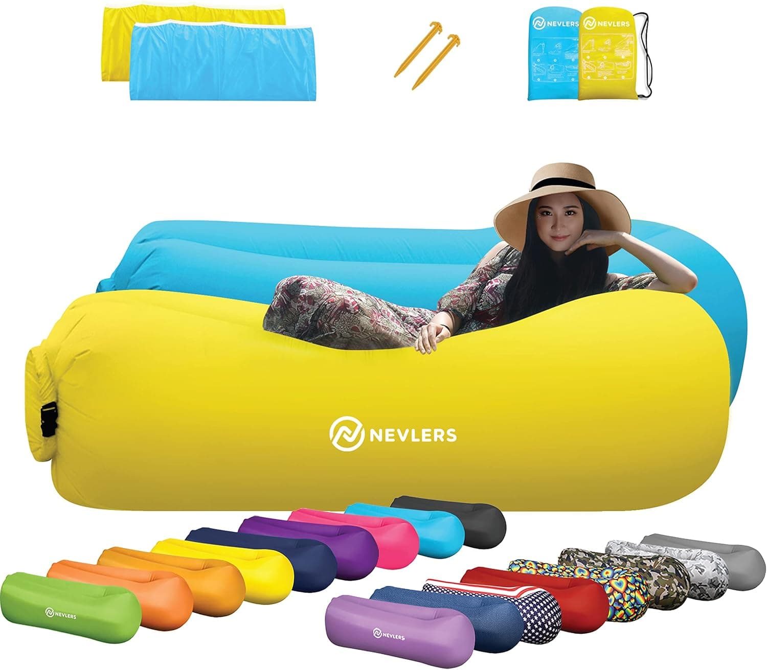 Nevlers 2 Pack Inflatable Lounger Air Sofa Perfect for Beach Chair Camping Chairs or Portable Hammock and Includes Travel Bag Pouch and Pockets | Easy to Use Camping Accessories