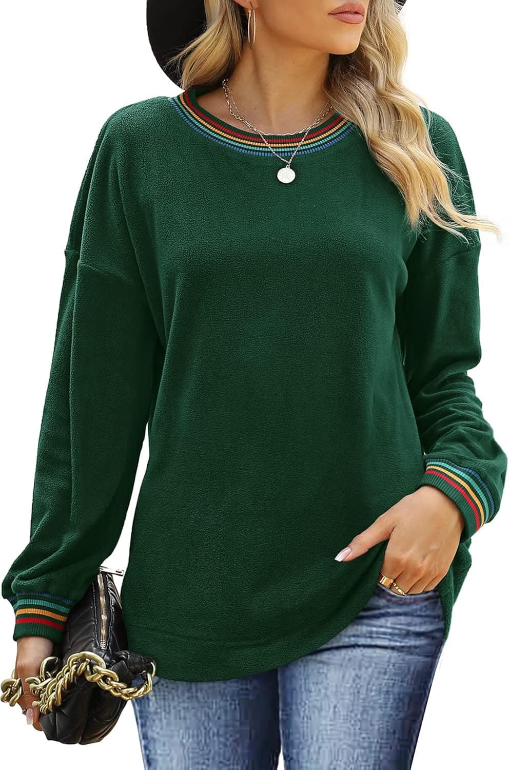 WIHOLL Womens Sweaters Crewneck Long Sleeve Rainbow Striped Plain Fuzzy Sweatshirts Tops