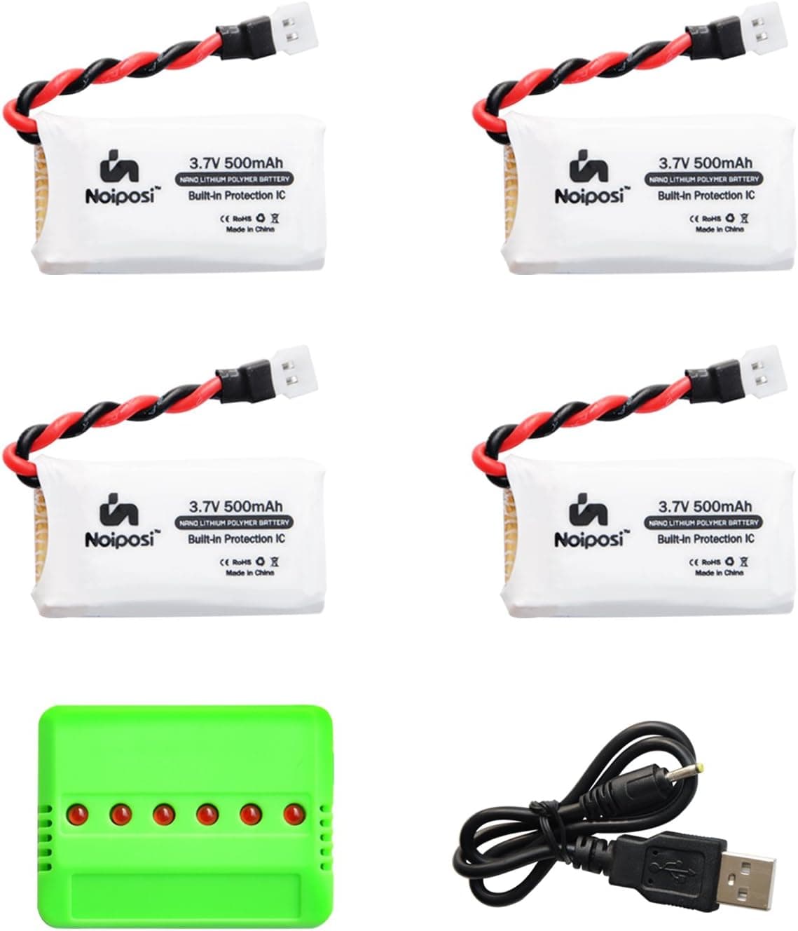 Noiposi 4pcs 3.7v 500mAh Upgrade Rechargeable Lipo Battery with 6 in 1 Charger for JJRC H31 H37 Eachine E50 drone Hubsan X4 FPV H107C H107D H107L H107P H108 RC Quadcopter