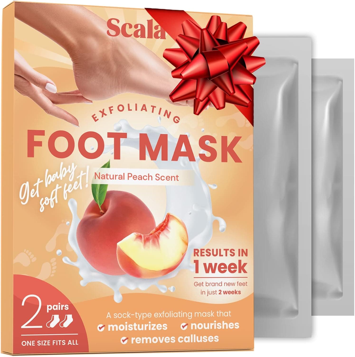 Scala Foot Peel Mask Treatment (2 Pack) Dead Skin Remover For Feet, Dry Cracked Feet, Exfoliator Gel Fixes Cracked Heels, Peeling Reveals Baby Soft Smooth Skin, Peach - Birthday Gifts for Women