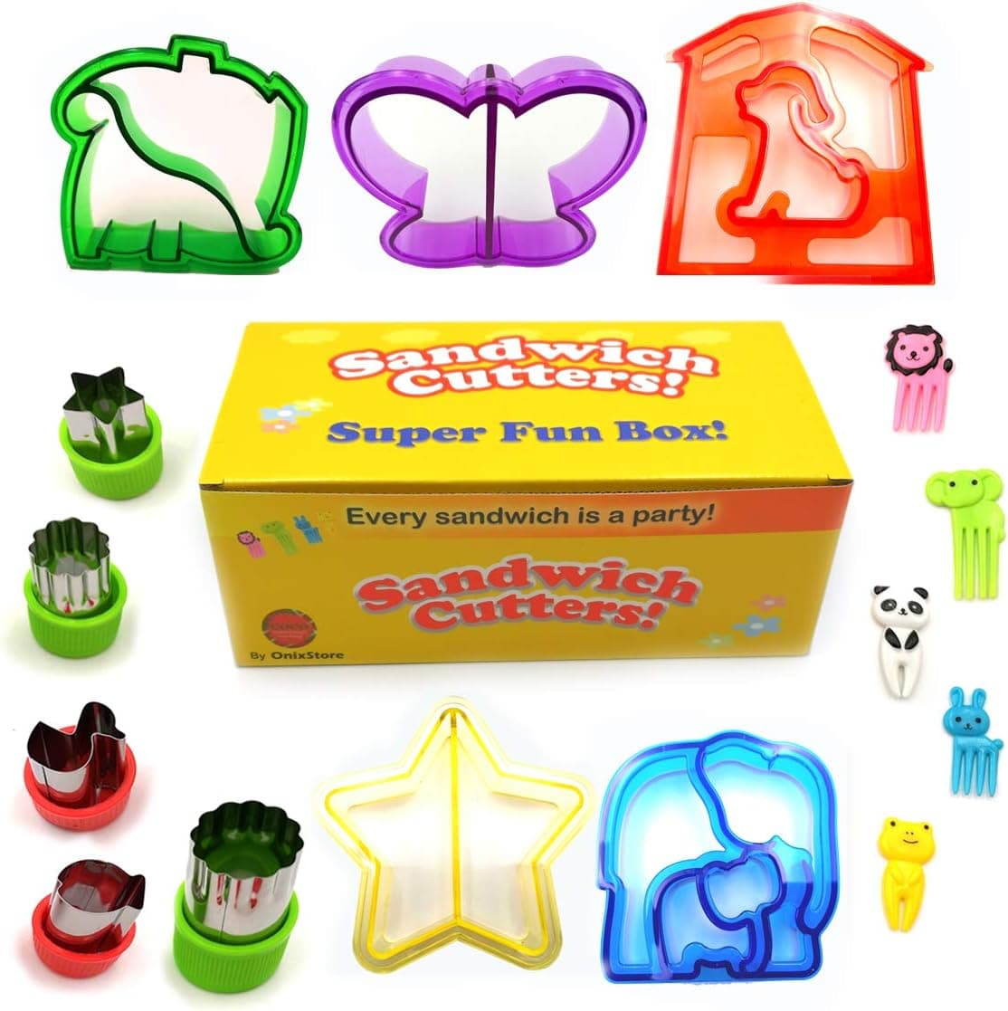 Sandwich Cutters for Kids, cookie cutters. Perfect set of 5 Kid Sandwich Cutters, 5 Vegetable and Fruit Cutters Shapes, 5 cute Fruit Forks. For Boys and Girls Fun Lunch! By OnixStore