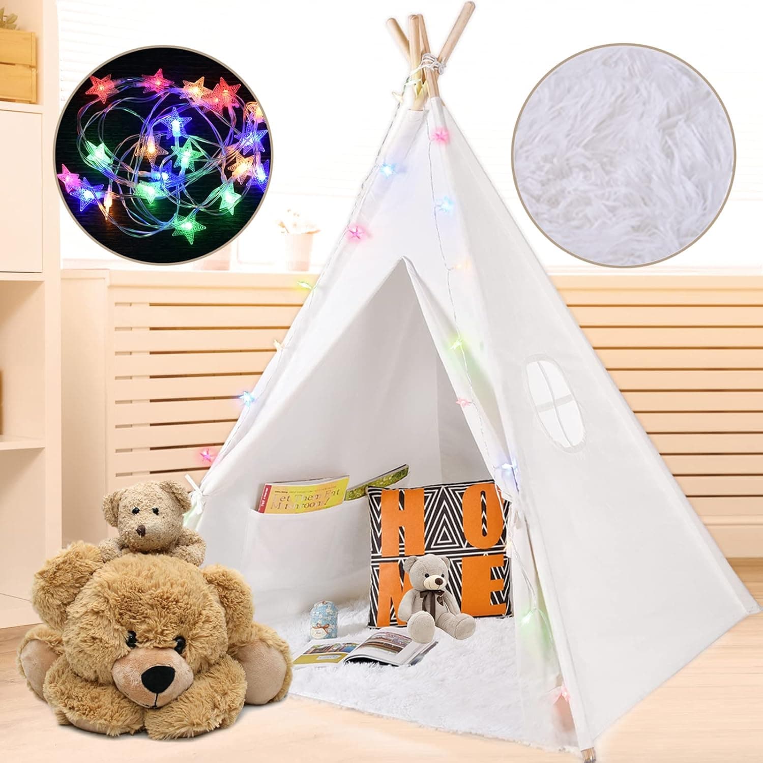 Lammyner Kids Teepee Tent, Foldable Kids Tent with Furry Mat & Fairy Light String & Carry Case, White Natural Cotton Canvas Play Tent Indoor, Tipi Tent for Girls & Boys, Washable Tent for Kids Outdoor