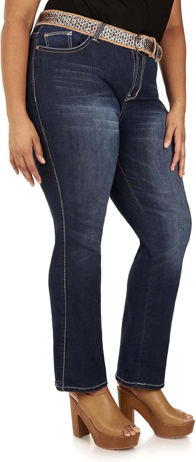 WallFlower Women's Plus Size Classic Fit Belted Stretch Legendary Bootcut Jeans