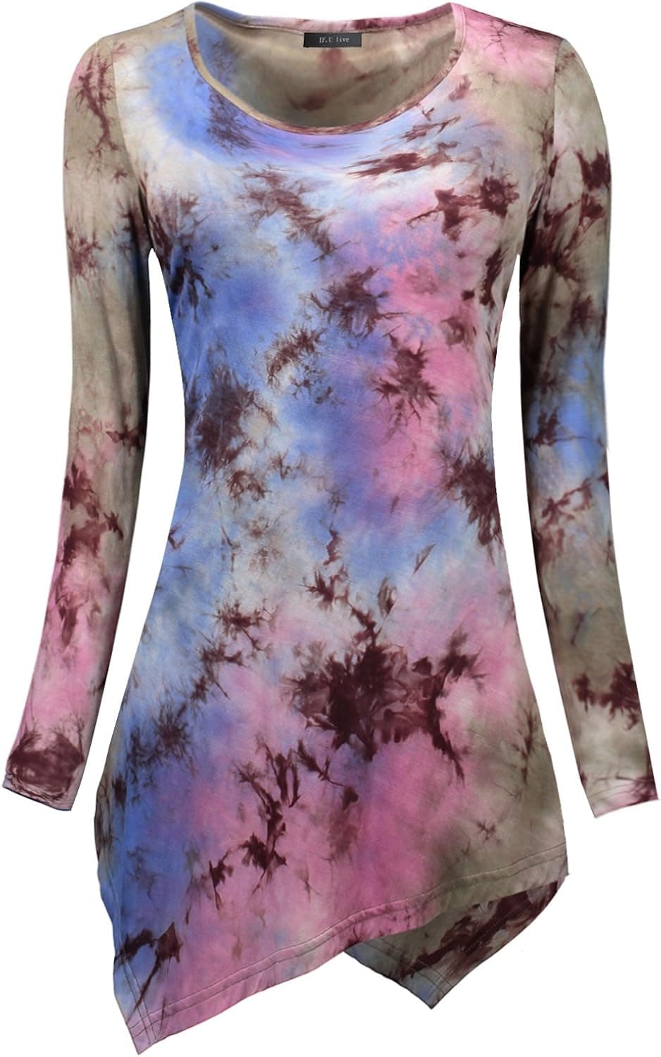 IF.U live Women's Tie Dyed Casual Tunic Top Asymmetrical Hankerchief Hemline Shirts (Small, Blue Floral)