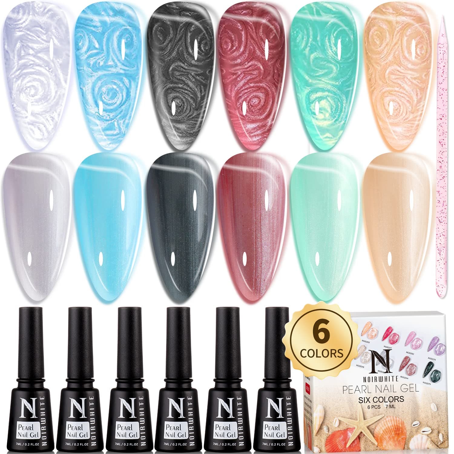 noirwhite Pearl Gel Nail Polish Set 6 Colors Glitter Iridescent Gel Nail Polish Drawing Pearl Gel Polish Shimmer Mermaid Shell Thread Nail Gel Soak Off Gel Nail Polish For Salon Home DIY Manicure