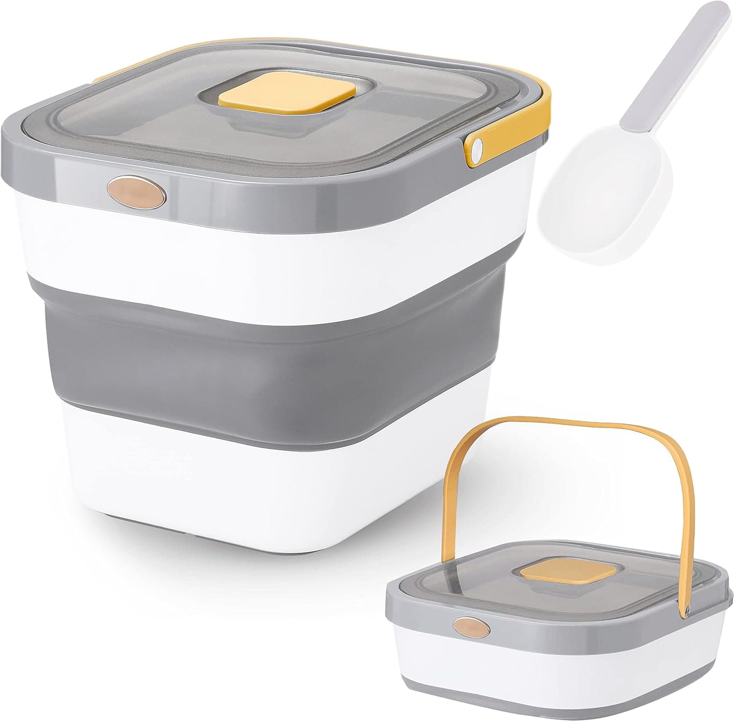 Rice Dog Food Storage Container, Foldable Airtight 15 lb Cat Pet Treat Containers Dispenser with Lid Locking Scoop, 20 lb Plastic Sealable Kitchen Cereal Sugar Flour Grain Bin Holder Dry Pantry Bucket