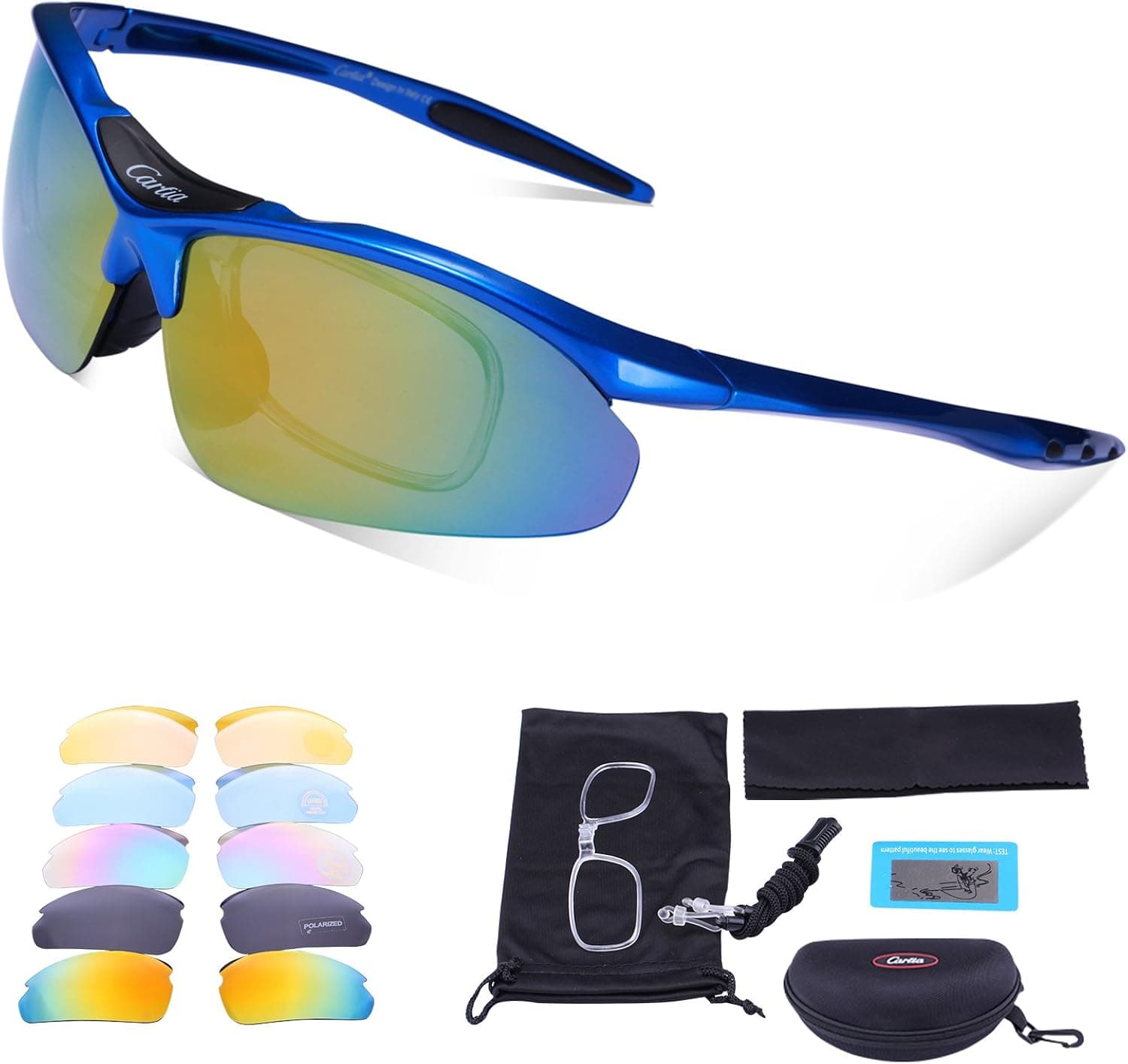 Carfia Womens Mens Cycling Sunglasses Polarized Sports Sunglasses with 5 Interchangeable Lenses for Cycling Baseball Running Fishing Golf, 100% UV400 Protection and TR90 Unbreakable frame