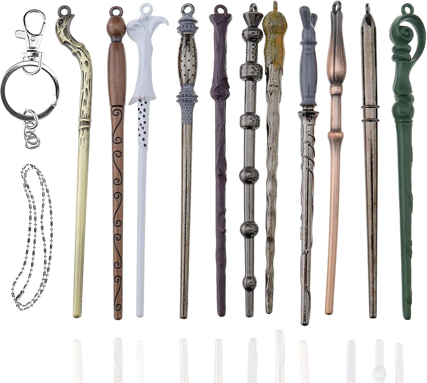SpyShop Mini Magice Keychian Wands Set -11PCS /Set Creative Cosplay Magic Wands Stick with Metal Core Magical Wands with Keychain Necklace Collection Set