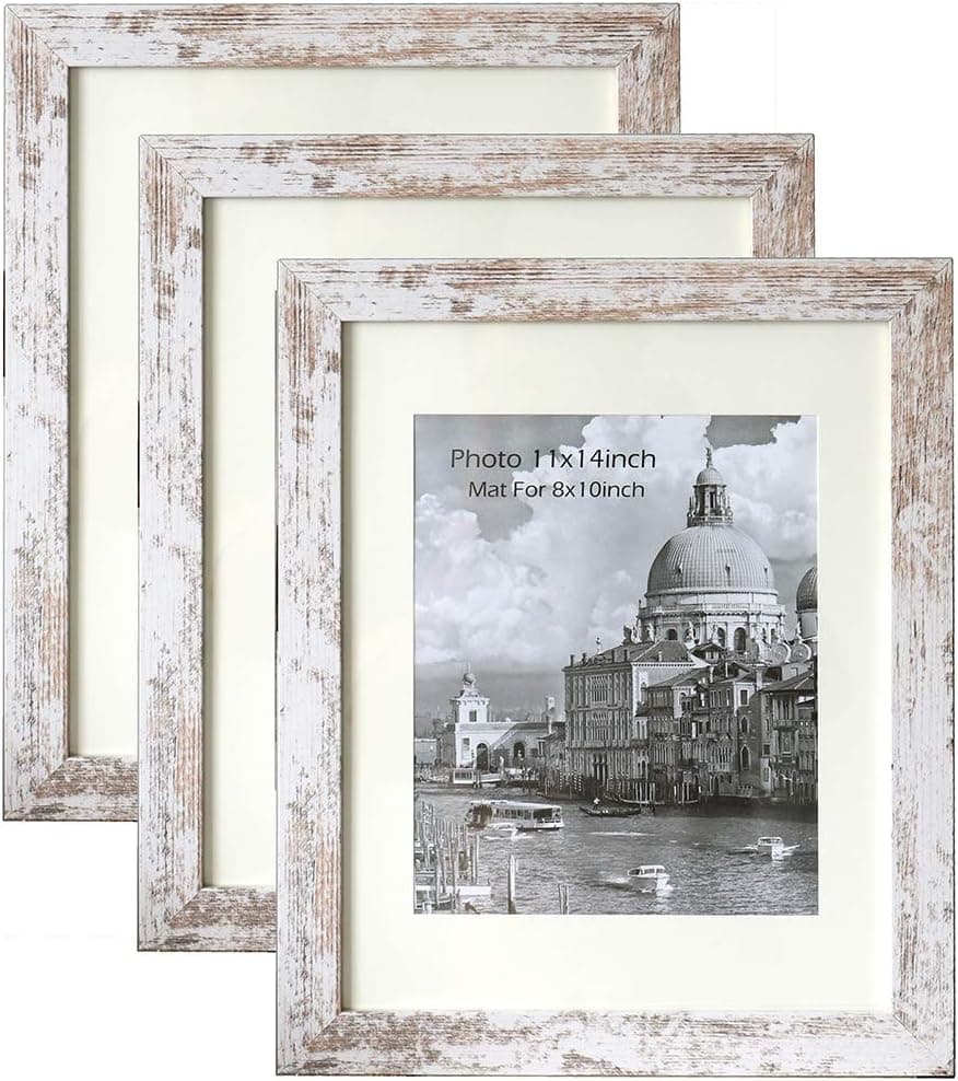 Wide Big Frame Molding Rustic Distressed White Textured Photo Frame for 11x14 inch, with mat for8x10inch, Set of 3 Pieces, Clear Real Glass, Frame Material MDF Wood, Wall Hang Vertical and Horizontal.