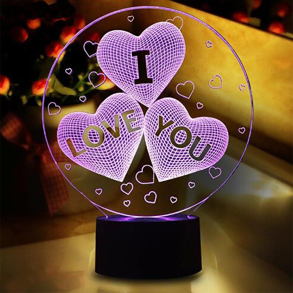 YKLWORLD I Love You Mothers Day Gifts, Heart 3D LED Illusion Lamp Night Light 7 Colors Changing Touch Switch Table Desk Lamps Fun Unique Birthday Valentine's Day Gift for Kid