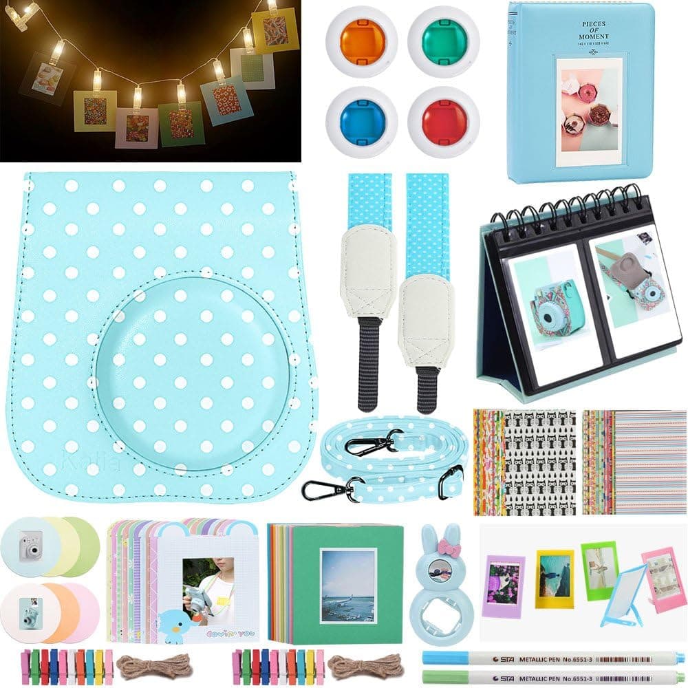 Katia Instant Camera Accessories for Fujifilm Instax Mini 9 or Mini 8 Instant Film Camera. (Fuji Mini 9 Case with Strap, Photo Album, Frame, Selfie Len, Filters, LED String Clip) - (Ice Blue)