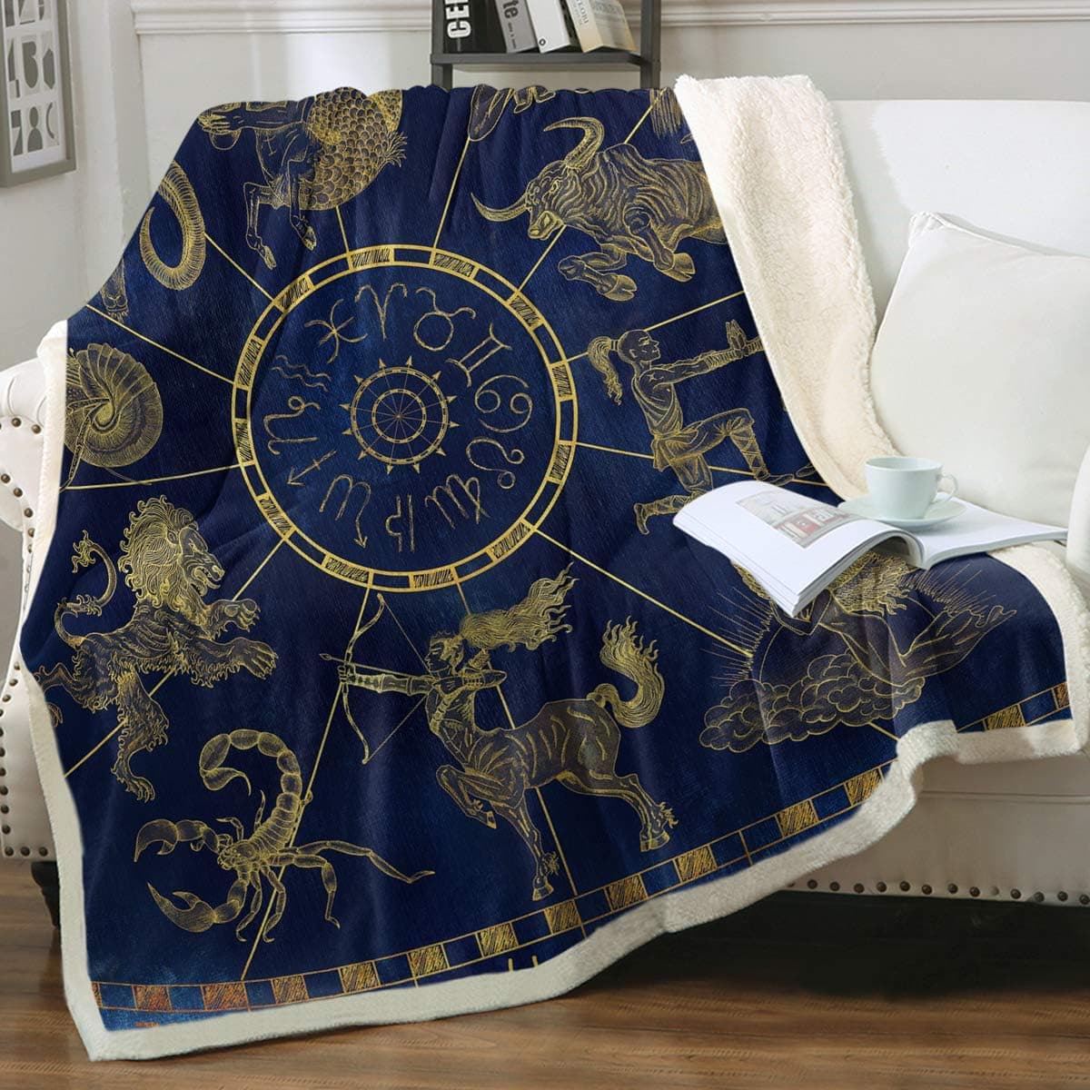 Sleepwish Astrology Blanket Throw Vintage Old World Map Blanket Fluffy Throws Zodiac Cozy Lightweight Thick Fleece Blanket Blue and Gold (Queen 90" X 90")