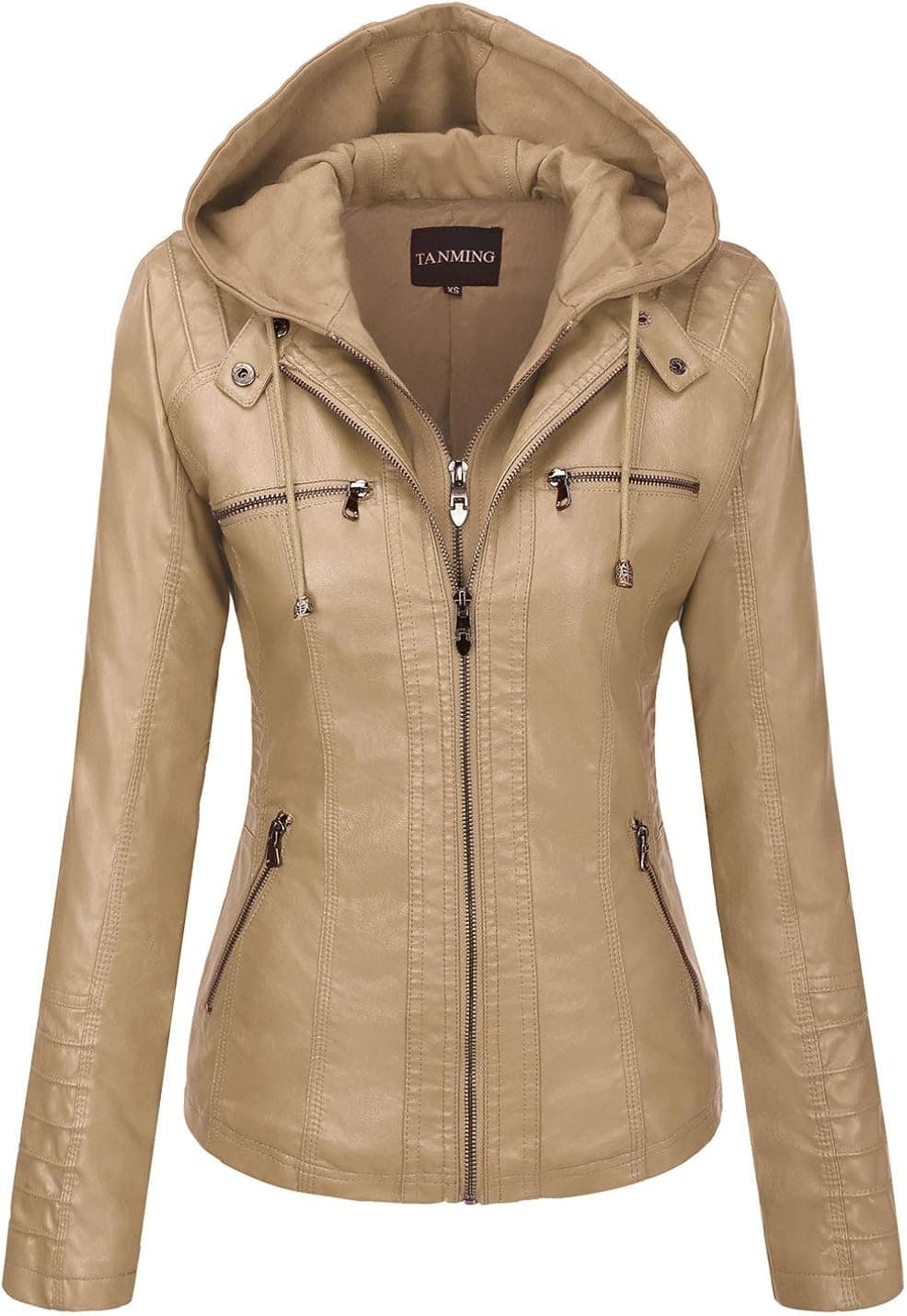 Tanming Women's Removable Hooded Faux Leather Jackets