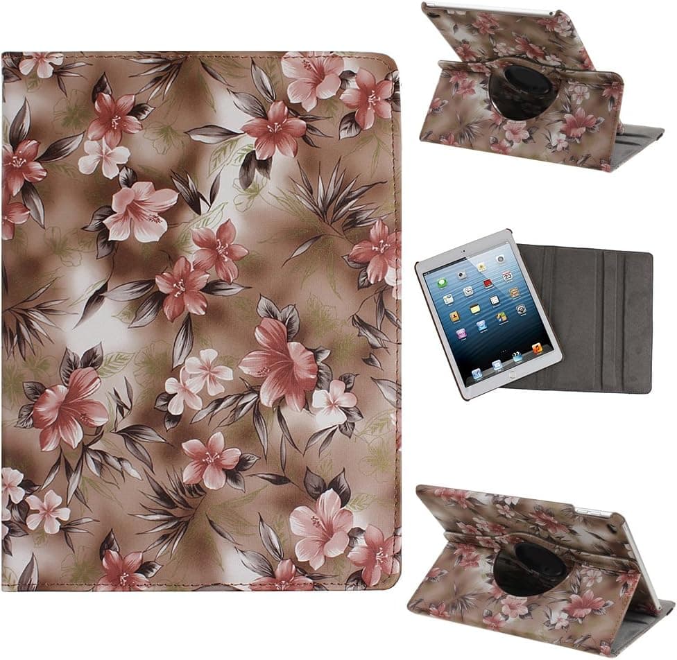 UZZO™iPad Air 2 Case iPad 6 Case Floral series(Coffee) Ultra Slim Lightweight PU Flip Case Cover with 360 degree Rotating Stand Function Smart-shell Stand Cover Case for Apple iPad Air 2 (iPad 6) 9.7 Inch Tablet Great Xmas gift for women girl +1 PCS Free Key Ring