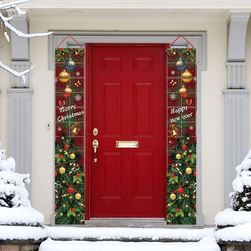 Kexle Merry Christmas Decorations Banner, Christmas Porch Sign Red Plaid Hanging Banners for Indoor Outdoor Front Door Wall Xmas Christmas Decoration