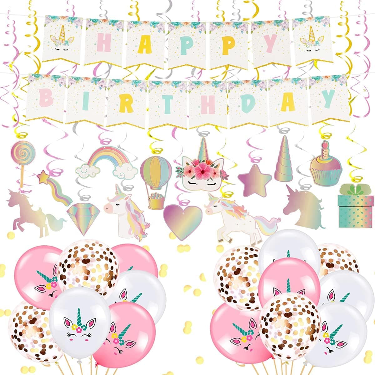 Unicorn Birthday Decorations for Girls Theme, Unicorn Party Decorations Hanging - Unicorn Happy Birthday Banner + 30 Unicorn Swirls + 15 Unicorn Balloons Unicorn Party Supplies for Girl Birthday