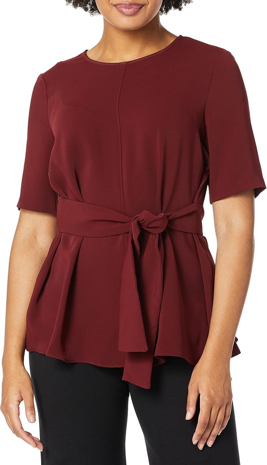 NINE WEST Women's Short Sleeve Jewel Neck Blouse with Tie Belt