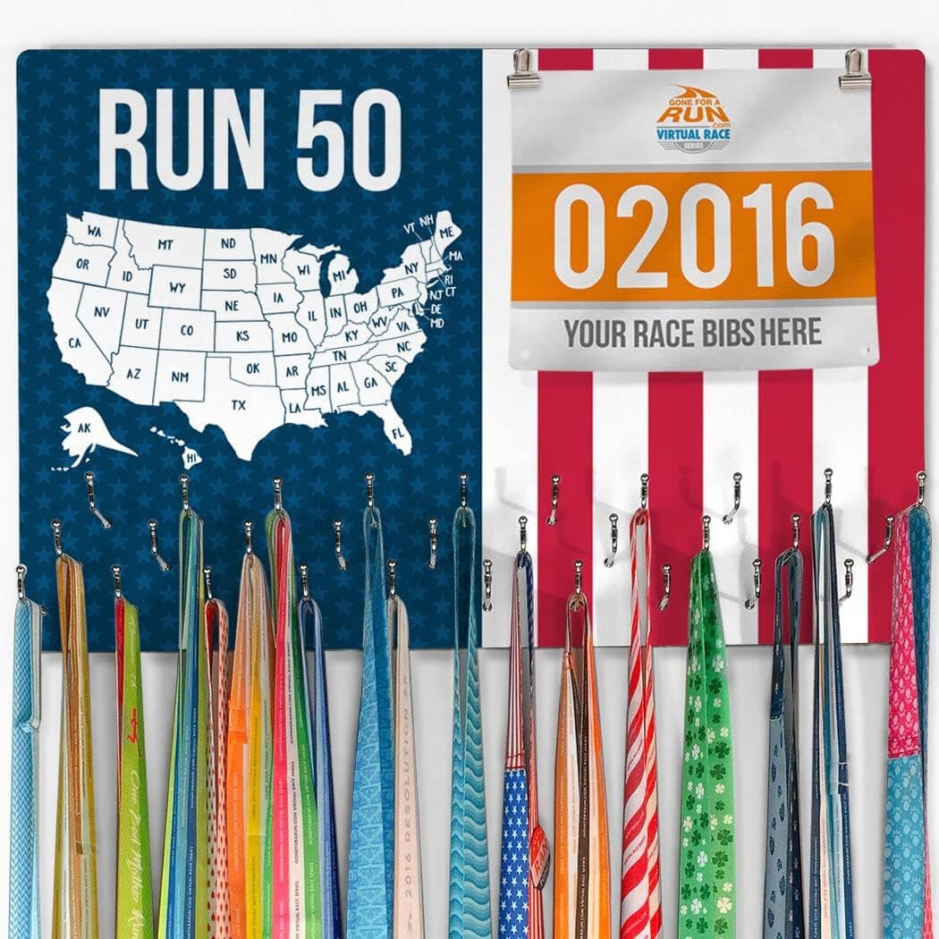 Gone For a Run Hooked On Medals and Bibs | Medal Hanger and Bib Display | Running The USA Color in Map