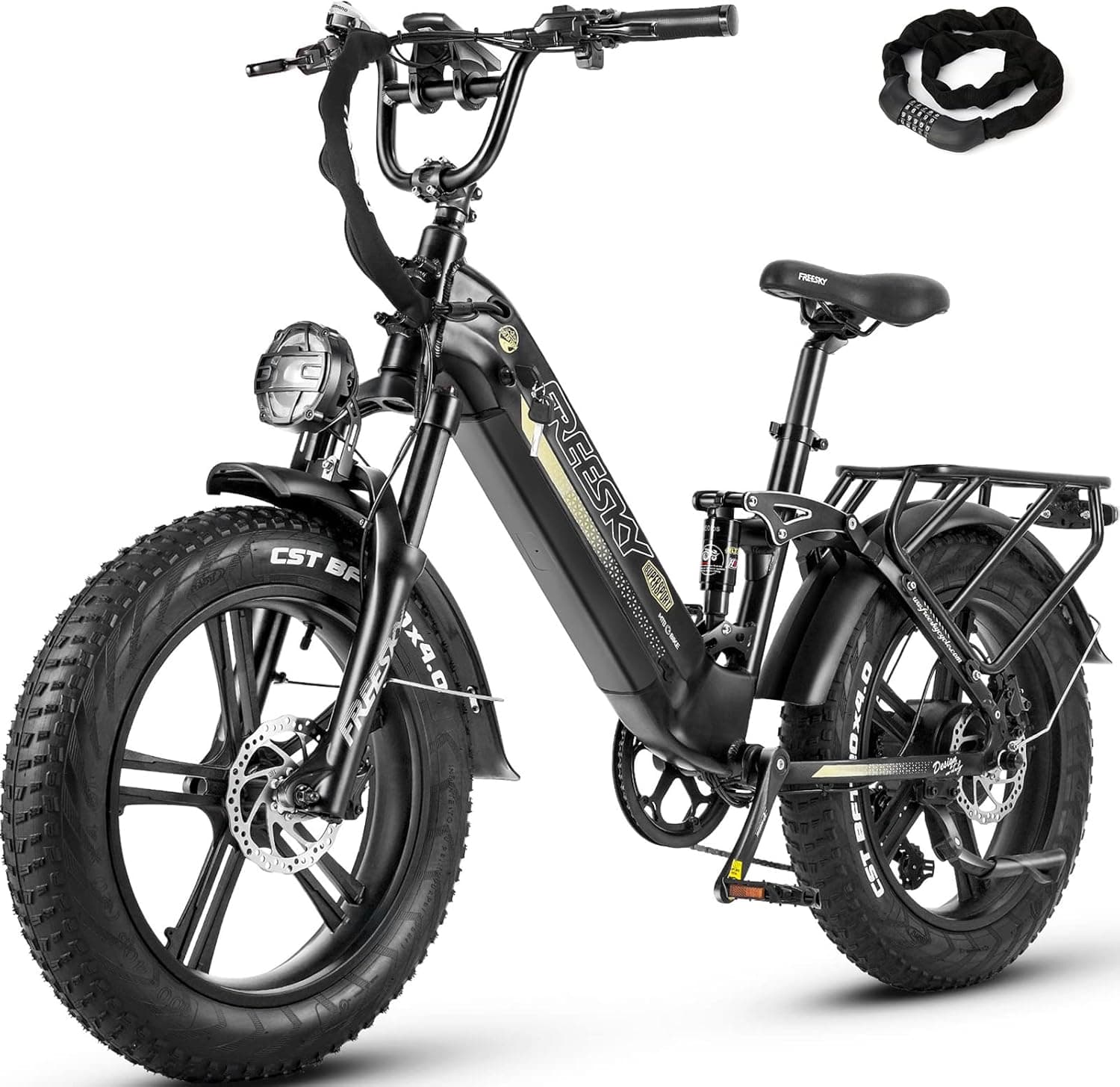FREESKY Step-Thru Electric Bike for Adults 750W High-Speed Motor 48V 15Ah Samsung Cell Battery, 20" Fat Tires Ebike 28MPH Electric Commuter/Mountain Bike, Full Suspension Ebike UL Certified