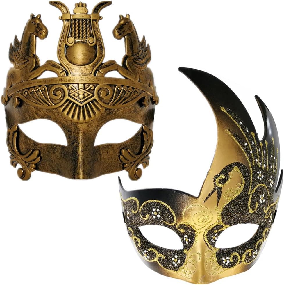 Gold/Black Swan Women Mask & Gold Roman Warrior Men Mask Venetian Couple Masks For Masquerade/Party/Ball Prom/Mardi Gras/Wedding/Wall Decoration(elastic band)