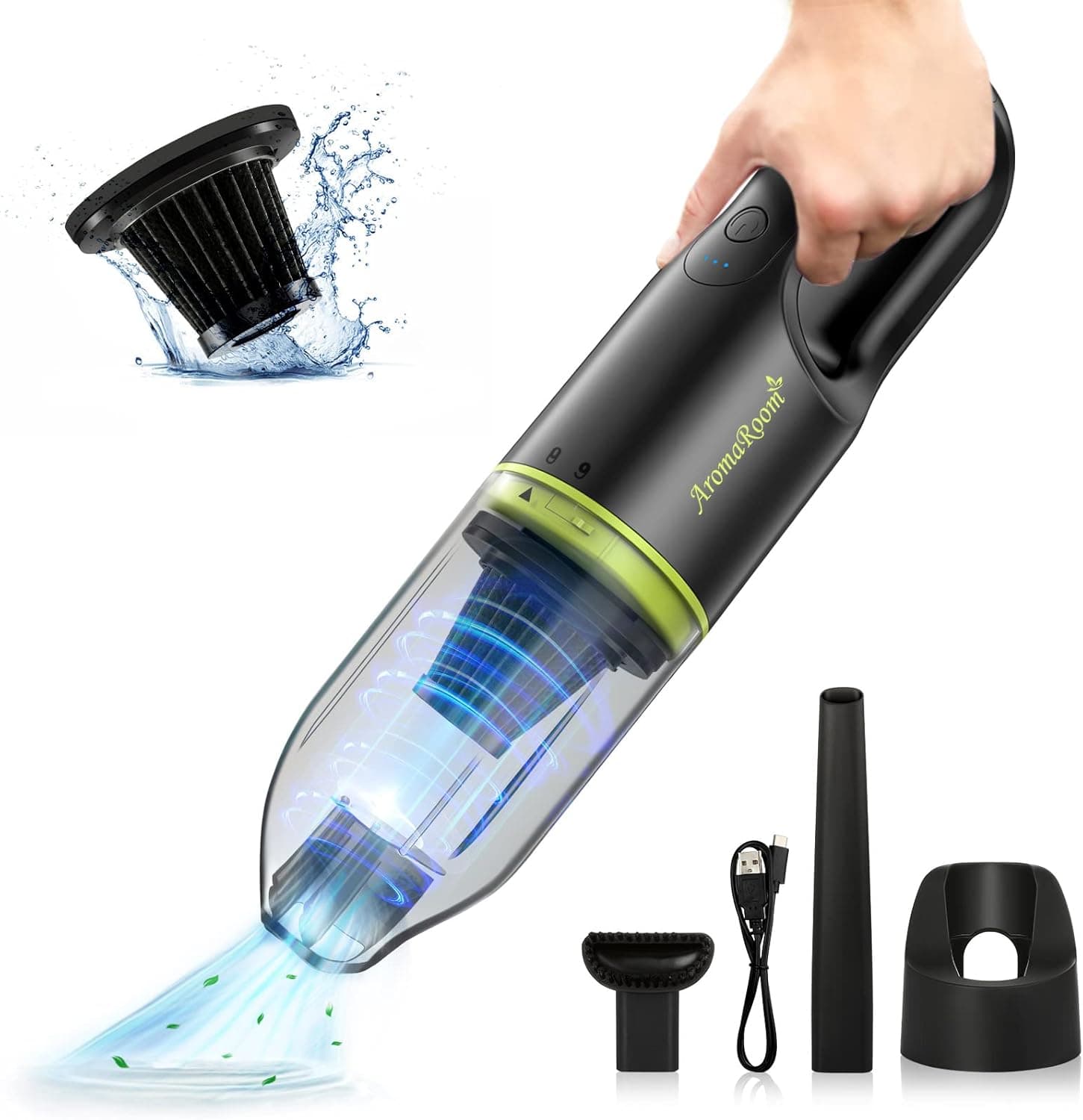 Aroma Room Portable Hand Vacuum Cleaner, Handheld Mini Cordless Cleaner for Dust Pet Hair Dirt Home, Car Interior, Lightweight, Easy to Use, Compact Design Battery Rechargeable with USB-C Cable