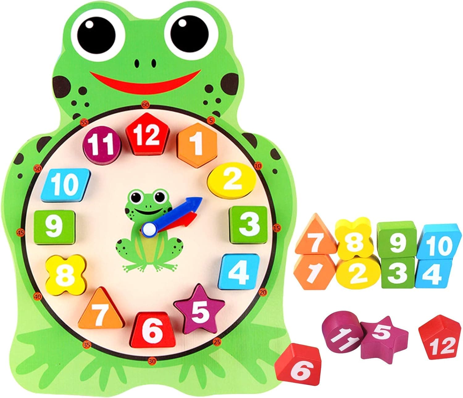 Sealive Wooden Shape Color Sorting Clock Teaching Time Number Blocks Puzzle - Stacking Sorter Jigsaw Montessori Early Learning Educational Toy Gift for 3 4 5 6 Year Old Toddler Baby Kids