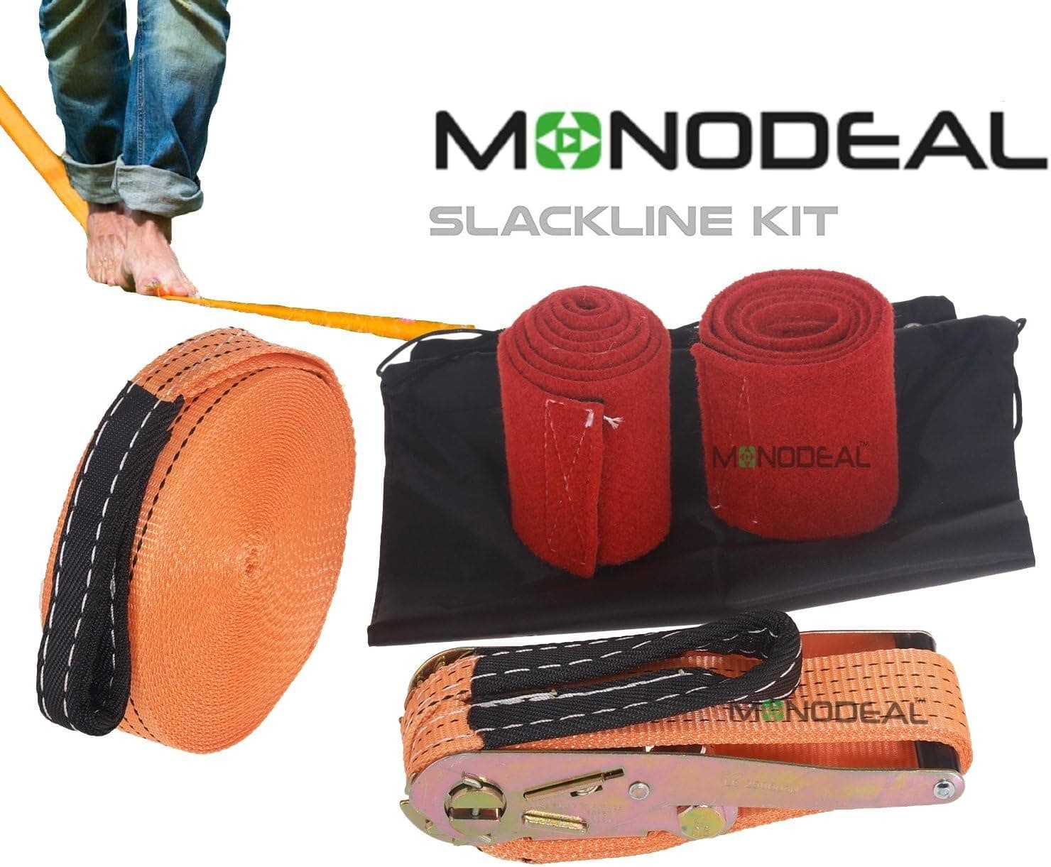 Slackline Kit with Tree Protectors and Carrying Bag, Monodeal 50-Ft Easy Set-Up Slackline Set with Instruction Booklet, Perfect for Kids and Family Outdoor Fun