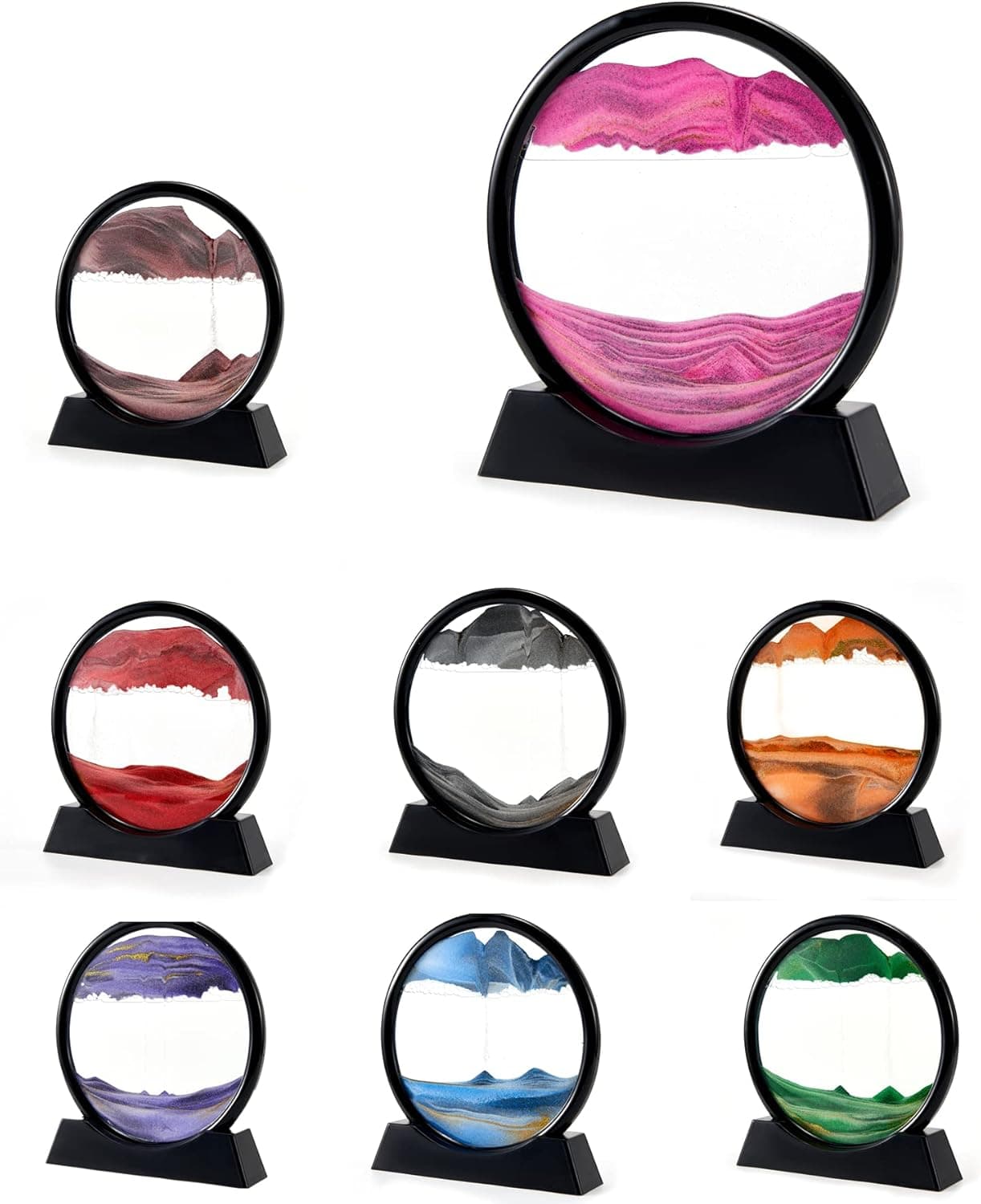 Moylie 3D Dynamic Moving Sand Art Liquid Motion Round Glass 3D Deep Sea Sand Artistic Sandscape Flowing Sand Frame Relaxing Home Office Work Decor Desktop Art Toys (7" Pink)