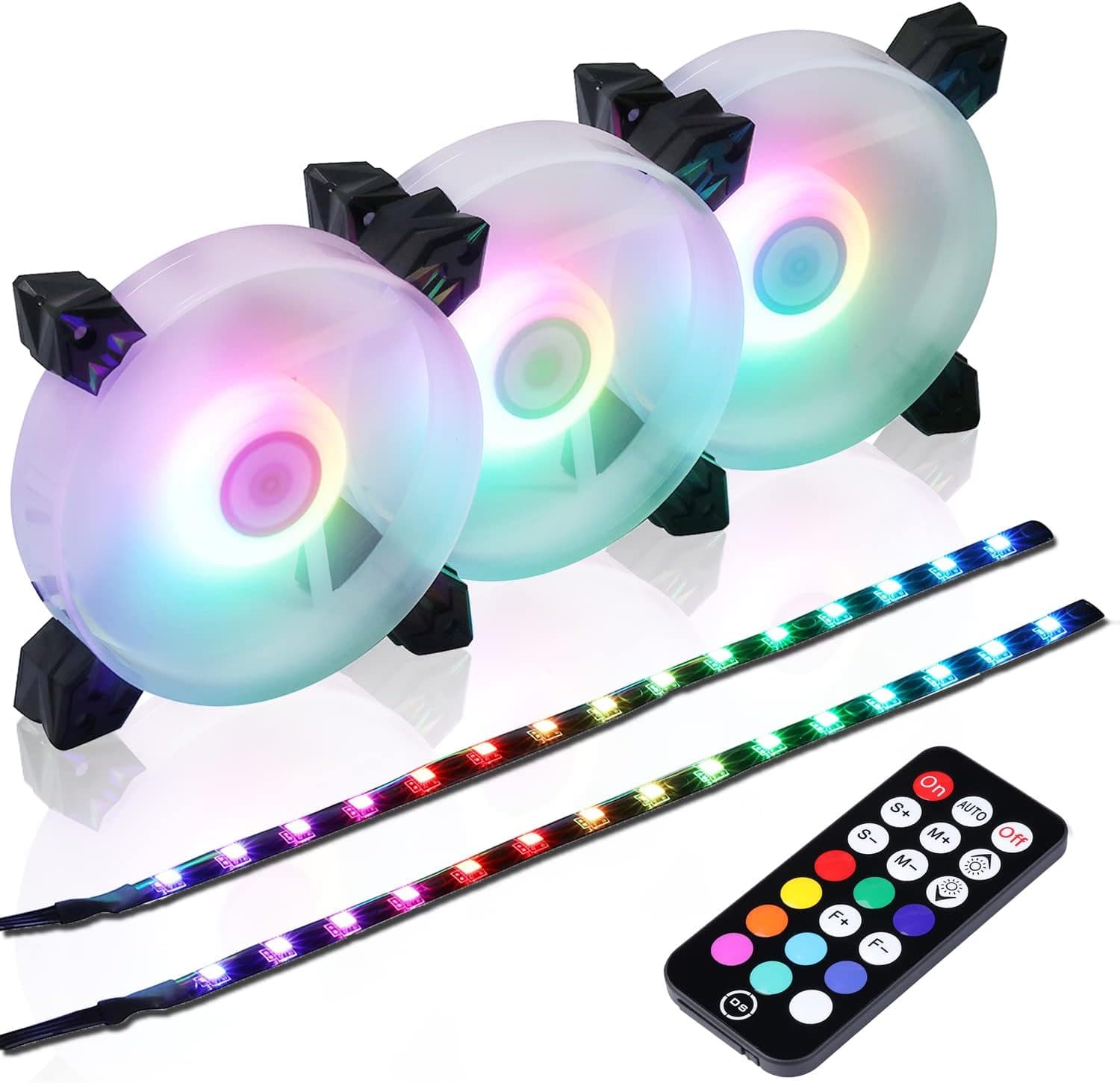 DS Ice Axis Rainbow LED ARGB 120MM Case Cooling Fans with Controller for PC Cases, CPU Coolers, Radiators System (3Pack RGB Fans, 2Pack LED Strips, E Series)