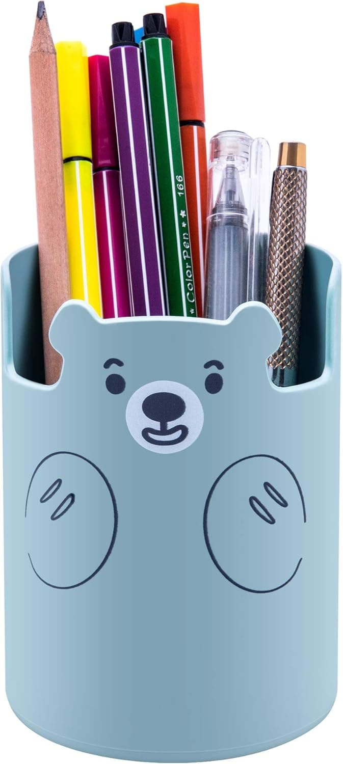 Siveit Pencil Holder, Cute Bear Pencil Pen Holder Cup Pot Stationery Organizer for Desktop, School, Office, Kids (Blue)