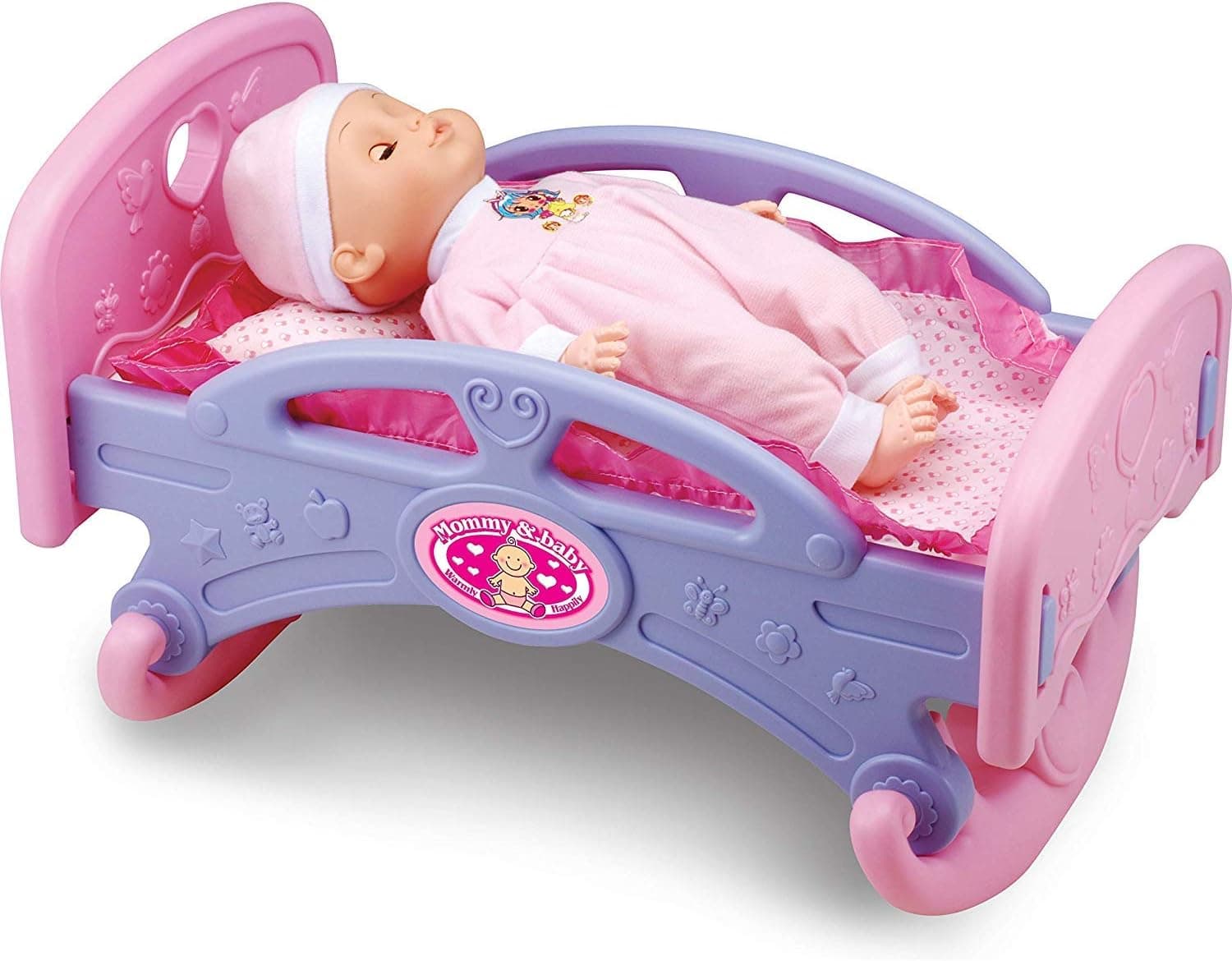 Liberty Imports Mommy and Baby My First Rocking Bed for Dolls - Baby Cradle Toy Furniture and Play Accessories - Fits 14 inches Dolls