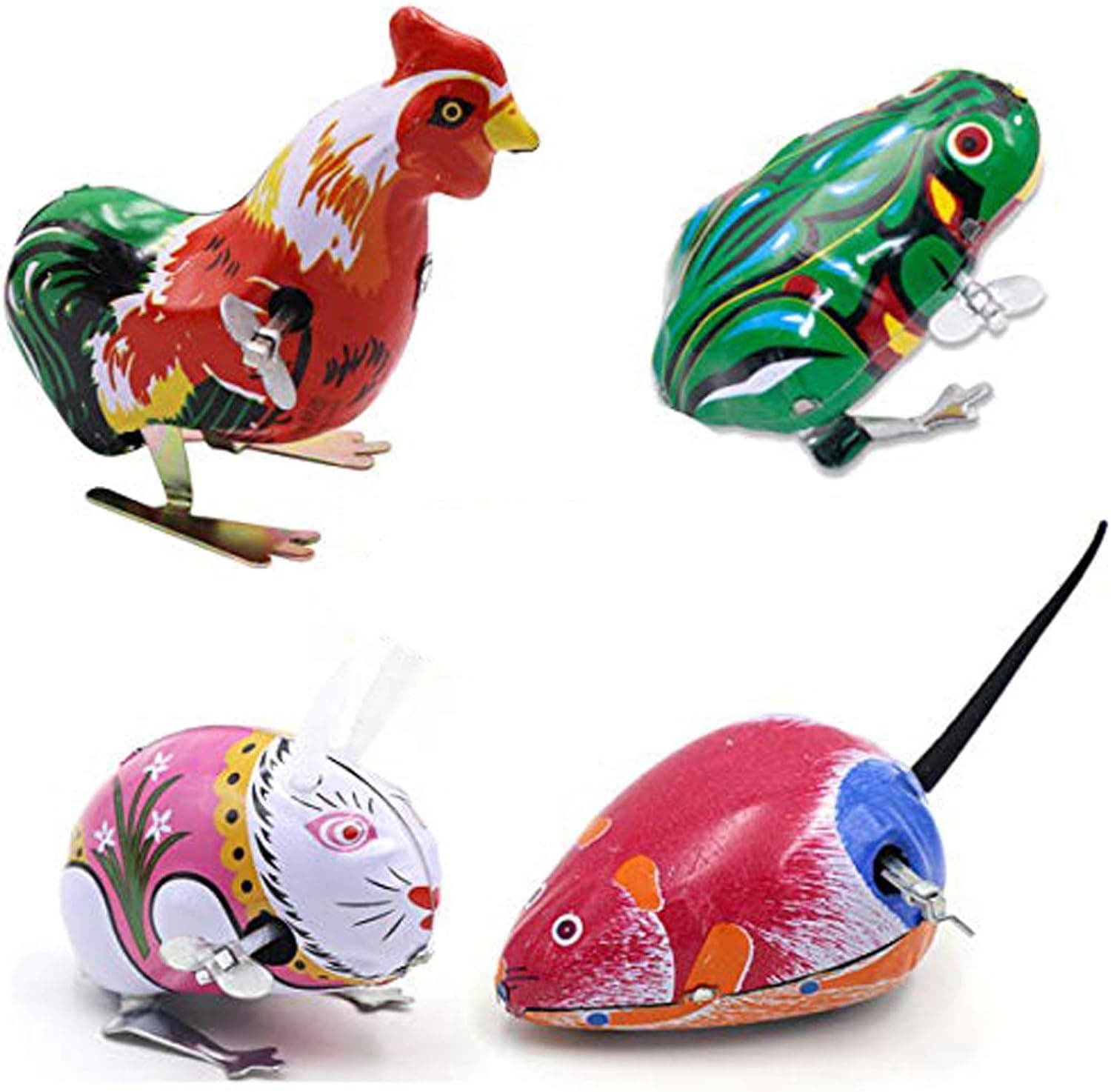 Halloluck 4 Pcs Funny Clockwork Spring Wind Up Metal Jumping Frog, Rabbit, Mouse, Cock Toy, Retro Vintage Wind-up Metal Tin Toy, Party Favor Tog Gift for Kids Children