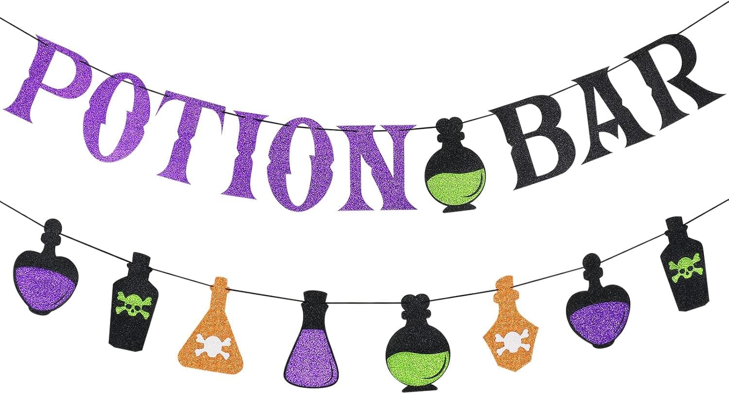 Potion Bar Banner with Potion Signs Halloween Hocus Pocus Witches Garland Banner Halloween Haunted Mansion Party Decorations for Halloween Bar Mantle Fireplace Wall Party Supplies