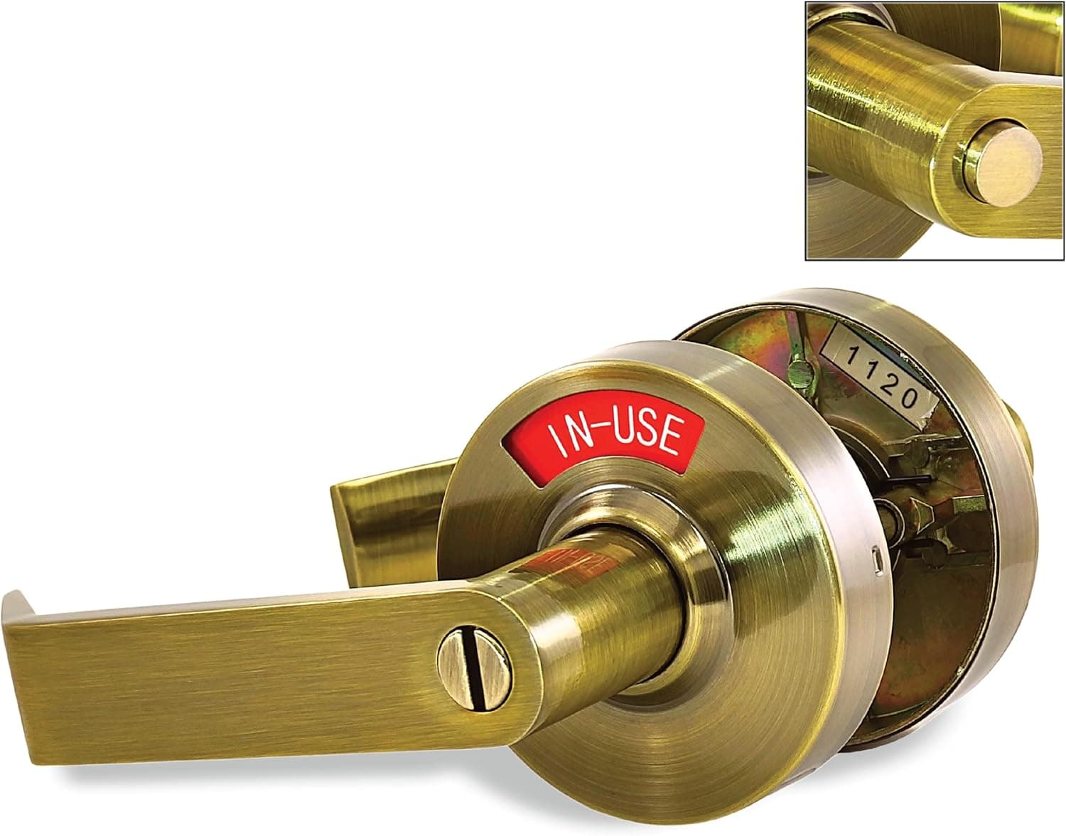VIZILOK ADA Compliant Indicator Privacy Lock C5FB-L- Commercial Grade Left Handed Non Reversible in-USE or Vacant Occupancy Indicator Push Button Lock and Lever - Antique Brass