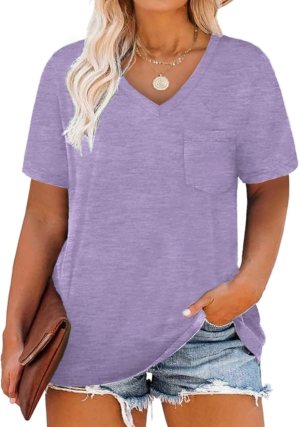 VOGRACE Womens Plus-Size Tops Summer V Neck Shirts Short Sleeve Tees with Pocket