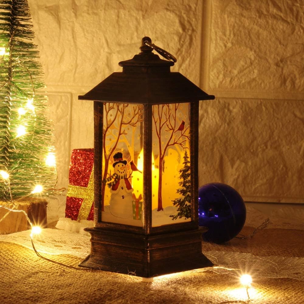 Christmas Creative Decorative Lanterns Snowman Printed Candlestick Lights Indoor/Outdoor LED Candle Lantern Battery Powered