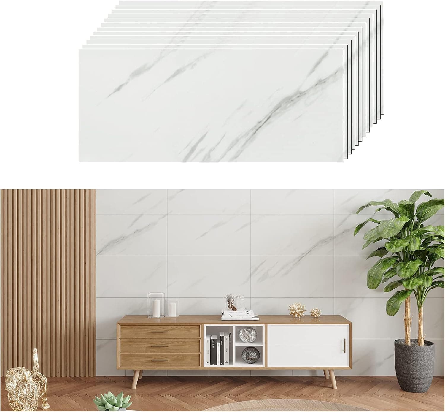VEELIKE Kitchen Backsplash Tiles Peel and Stick Wall Tiles White Ceramic 12''x24'' Stick on Tiles 12 Pack Waterproof Self Adhesive Removable Faux Carrara Marble Tiles for Bathroom Bedroom Living Room