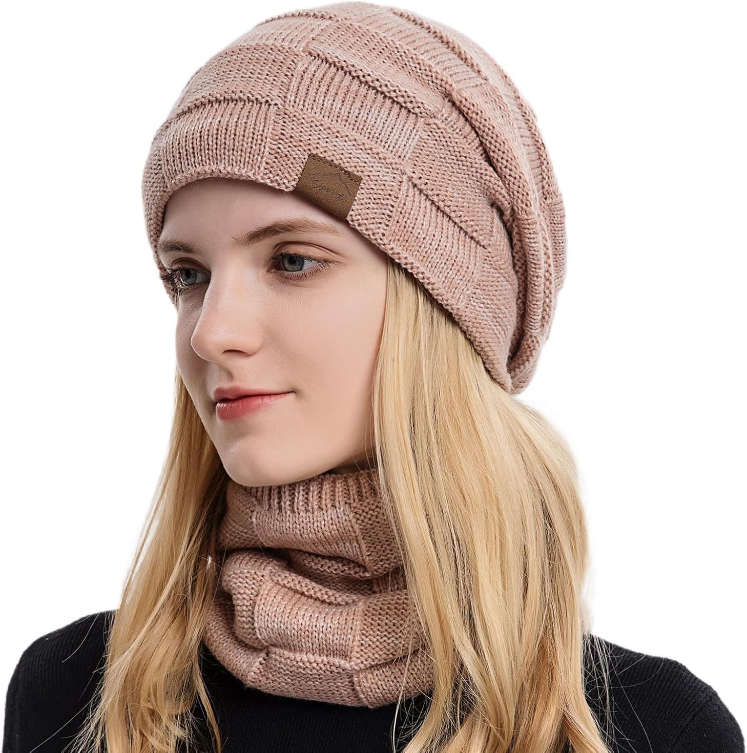 OKSTENCK Womens Winter Beanie Hat Scarf Set Warm Knit Hats Neck Warmer for Women Thick Fleece Lined Winter Hat Scarfs for Men Pink