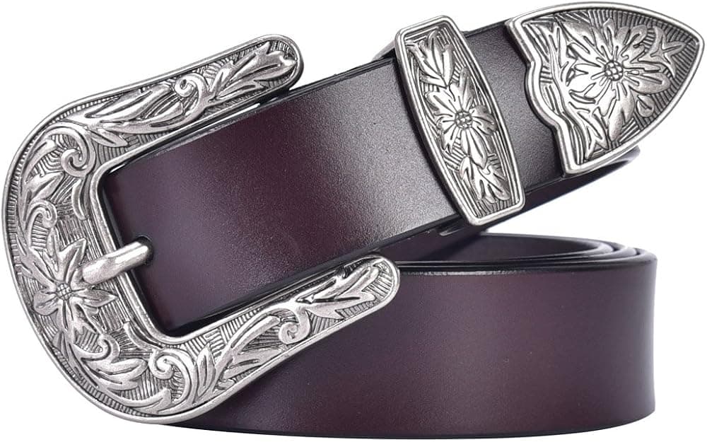 TALLEFFORT Ladies Vintage Western Leather Belts for Women Genuine Leather Belt