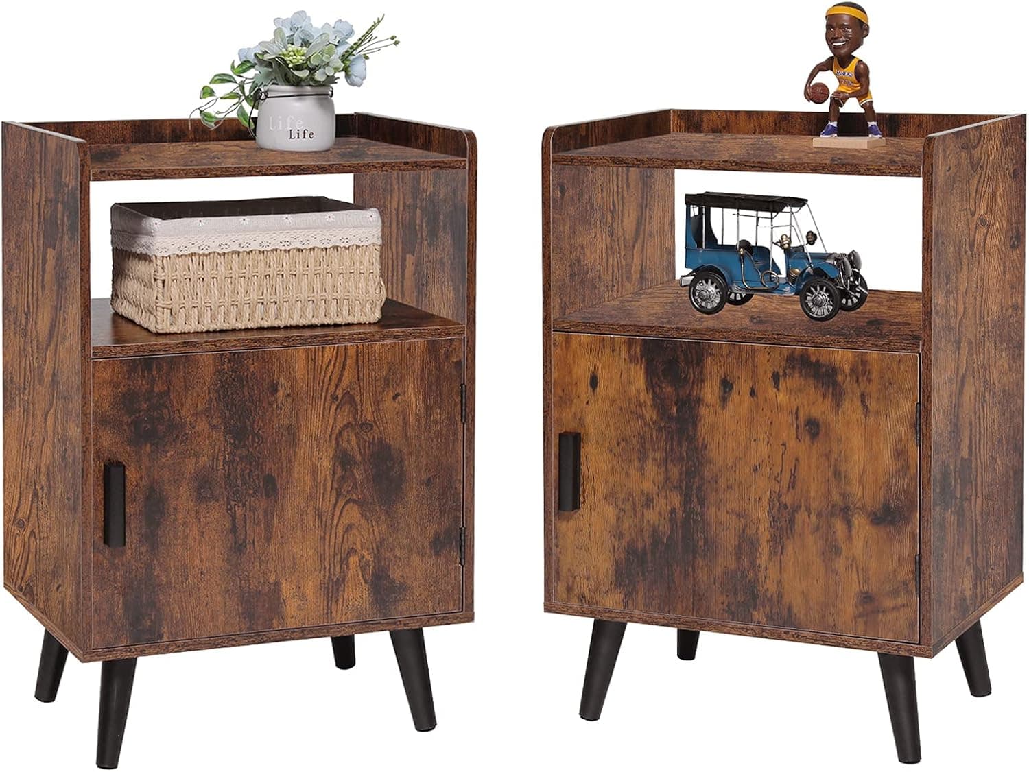 usikey Nightstand Set of 2, End Table with 3-Tier with Door and Open Compartment, Black Wooden Legs, Retro Look Accent Table, Easy to Assemble, for Small Spaces, Living Room, Bedroom, Rustic Brown