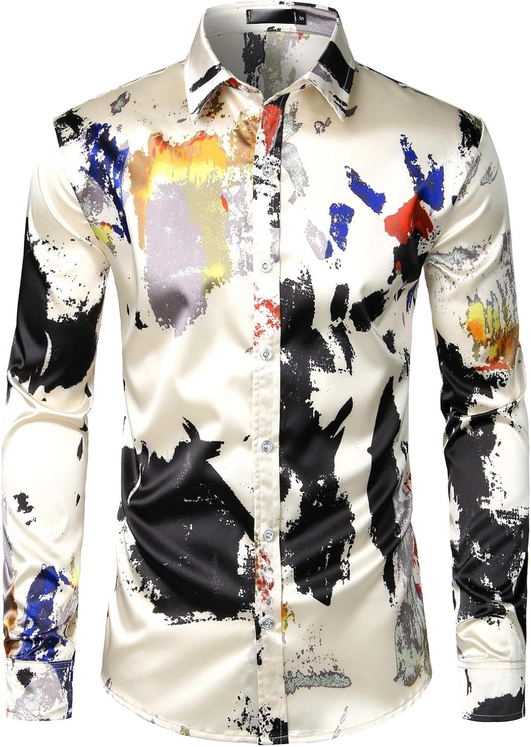 ZEROYAA Men's Luxury Printed Silk Like Satin Button Down Dress Shirt for Party Prom