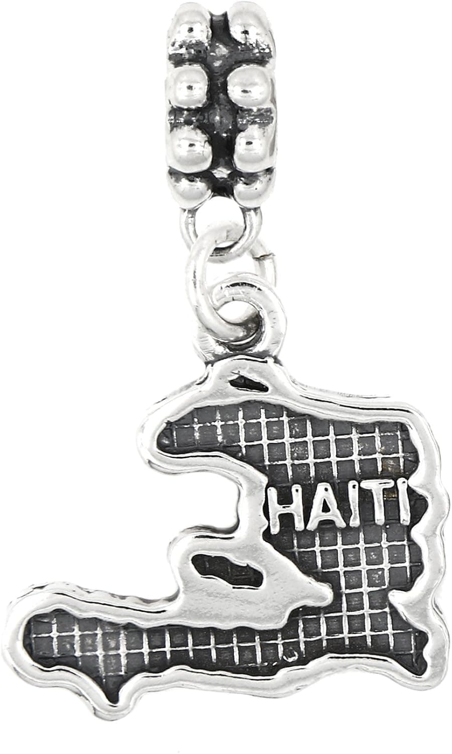 LGU Sterling Silver Oxidized Textured Country Map of Haiti European Dangle Bead Charm