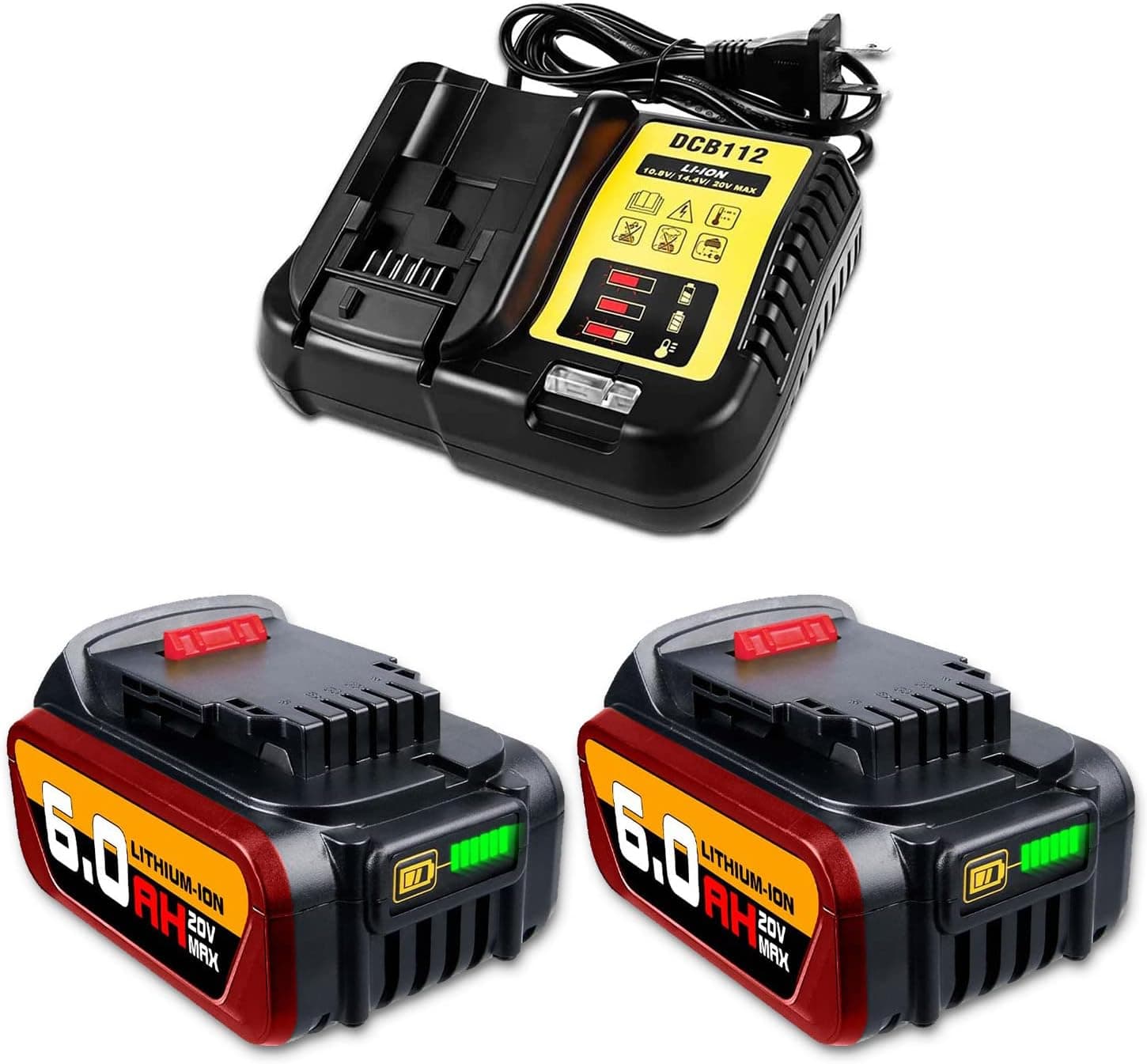 PDstation 2Pack DCB200 Battery 6.0Ah Replacement for Dewalt 20V Battery + DCB112 Lithium Battery Charger Compatible with Dewalt 20V Battery DCB206 DCB200 DCB204 DCB208