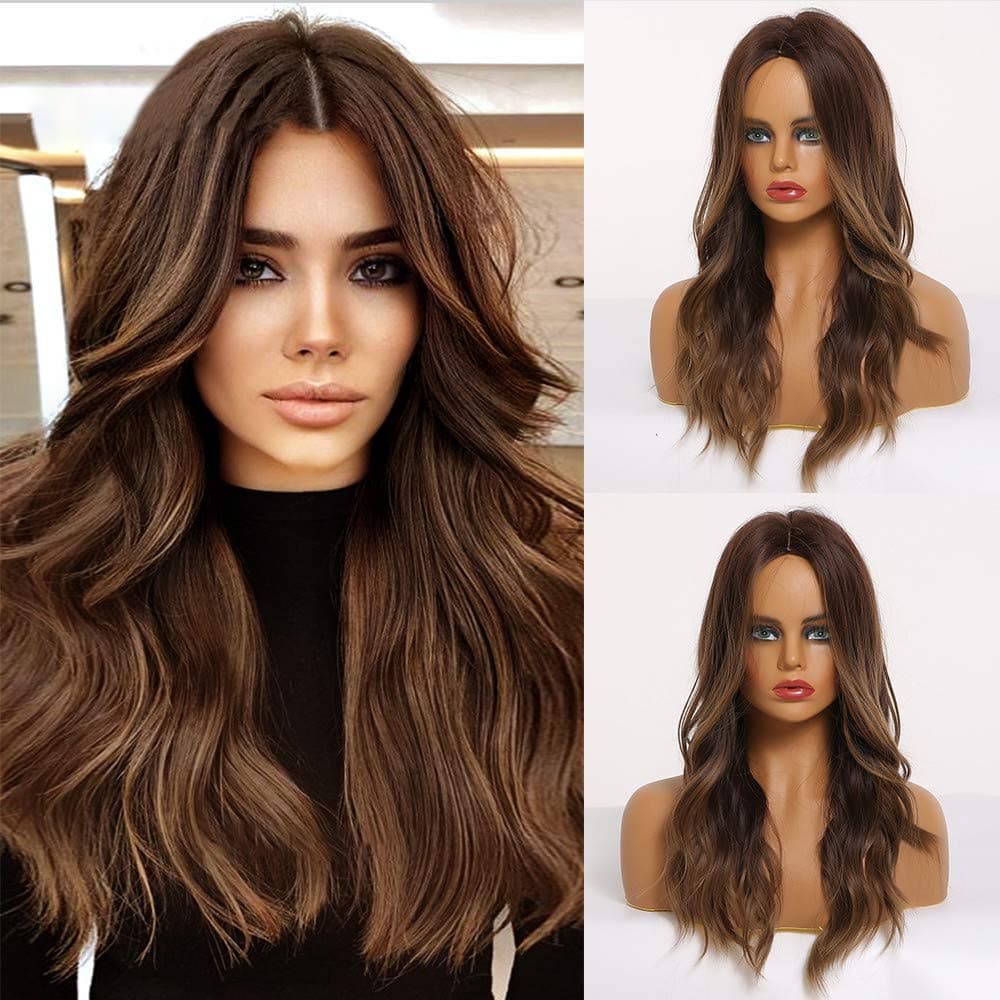 BooYoor Long Wavy Brown Wigs for Women Natural Brown Wavy Wig Heat Resistant Fiber Synthetic Wig for Daily Party