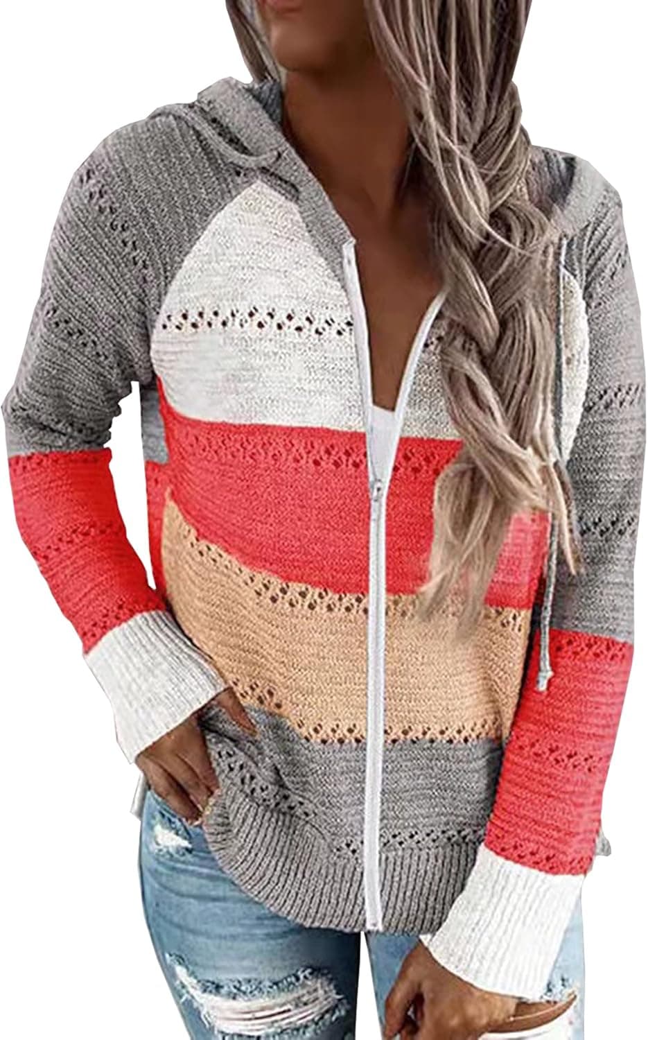 Womens Zip Up Color Block Hoodie Sweaters Fashion Casual Long Sleeve Drawstring Sweatshirts