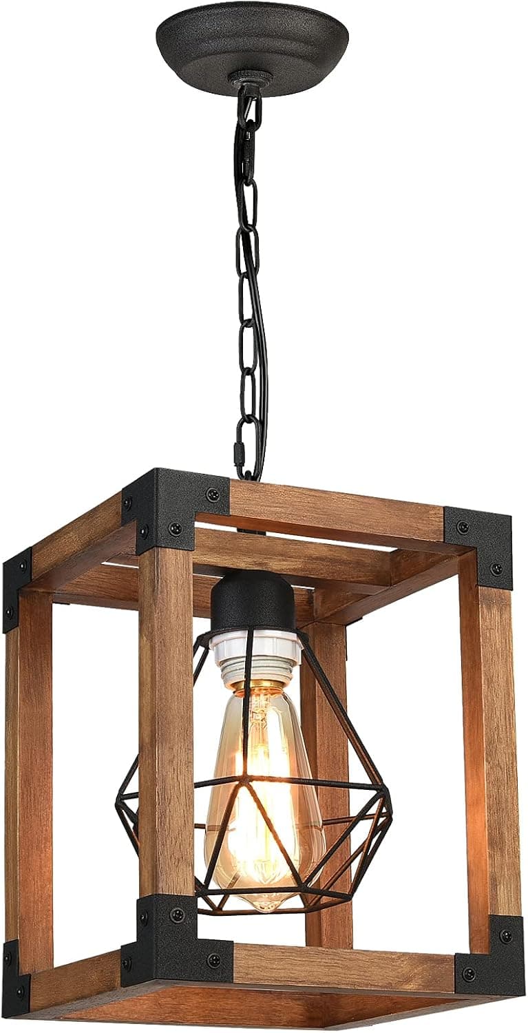 DOHOMER Farmhouse Wood Pendant Light Metal Hanging Lighting Fixture with Oak Wood Finish, One-Light Adjustable Chains Rustic Pendant Lighting for Flat and Sloped Ceiling Kitchen Island Dining Cafe