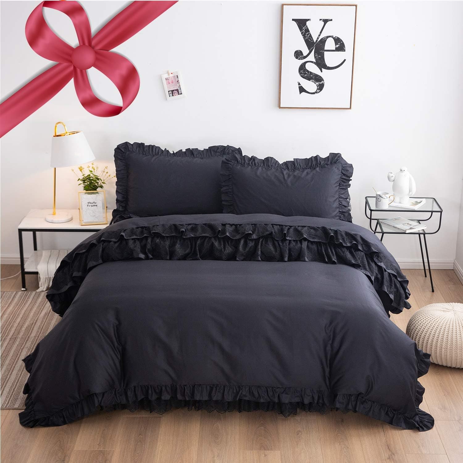 FADFAY Black Ruffle Bedding Set Twin Size 4 Piece Premium 100% Cotton Luxury Solid Black Lace Zipper Duvet Cover Set & Bed Skirt & 2 Pillowshams